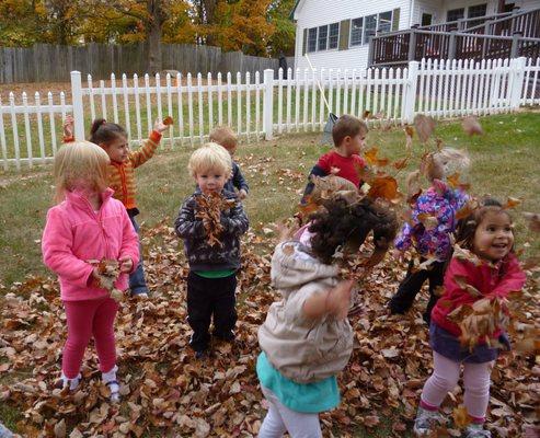 Fall fun! We use all our resources, including our wonderful yard for Nature Sensory Play!