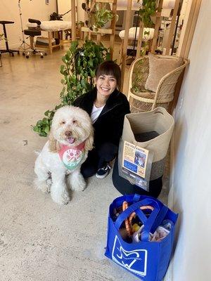 Rachelle, of Wildflower Beauty & Brows in her stunning studio, w/Wellington jr. of #MissionWellington & his TreatsForPups.com nonprofit