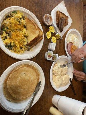 R.B scramble pancakes ham and eggs with biscuits and gravy.