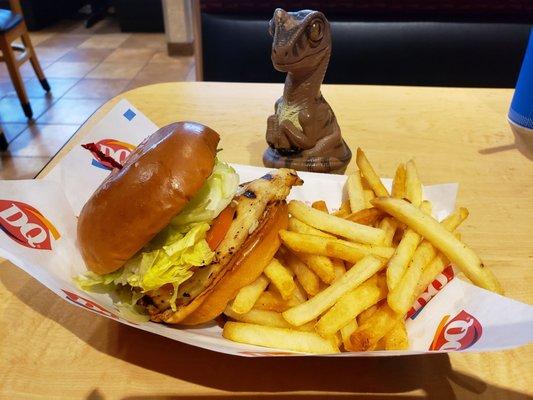 Bob the Raptor says "Grilled chicken sandwich!"