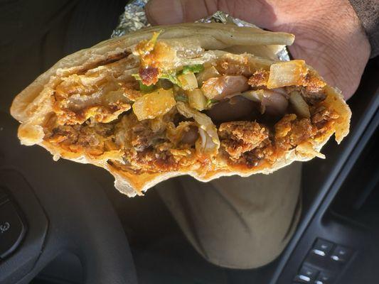 Full of flavor, chorizo and eggs burrito