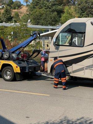 Our RV getting ready for towing by Gino's Auto Towing.