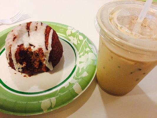 Pumpkin cake and vanilla ice latte