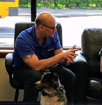 Come in to meet our estimator James and our four legged door greeter Riley who is always ready to get petted.