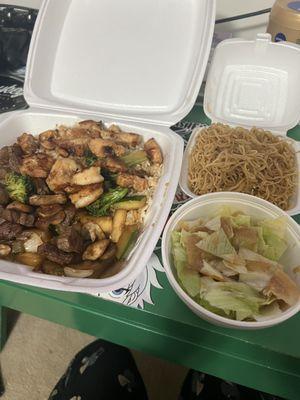 Hibachi Shrimp, Chicken, and Steak; Side of Noodles; Salad with Ginger Dressing