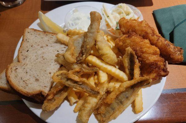 Beer battered lake perch with fries and extra pieces of cod for $3 each