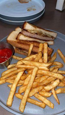 Duck patty melt- no mushrooms. Served with fries.