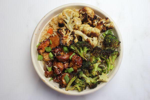 Balanced Bowl: Festival Rice, Thai Sweet Potato Noodles, Roasted Lemon Garlic Broccoli, Herb Roasted Cauliflower, and Teriyaki Chicken.