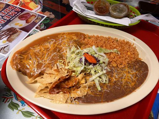 Enchiladas beans, and rice