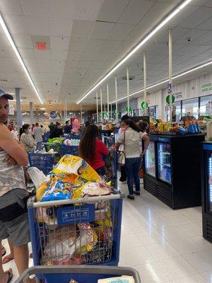 Only 3 checkout lanes open unless you have less than 15 items and can do self serve.