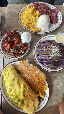 Hazelnut pancakes (half), corn beef hash, adobo fried rice, and Ube pancakes (full)