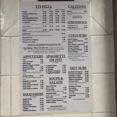 TJ'S Pizza menu