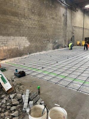 Rebar prepping before the cement is poured.