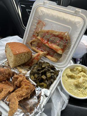 Fish, chicken wings, potato salad, greens, cornbread!!! Everything was DELICIOUS!!!!