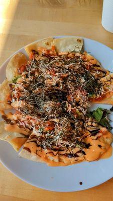 Tuna nachos, add crab mix, no jalapenos