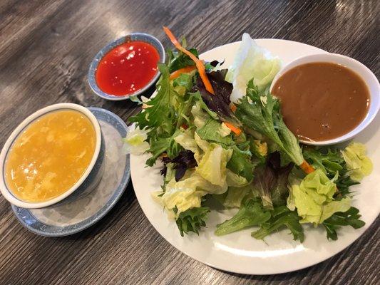 Egg drop soup & side Garden Salad, toasted sesame dressing; sweet & sour sauce