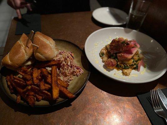 Blackened steak po boy with sweet potato fries & coleslaw / blackened tuna steak with jambalaya