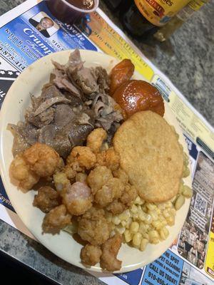 Chitterlings, Fried Shrimp, Corn, Yams