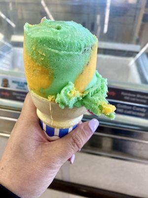 Single Scoop of Rainbow Sherbert on a Cake Cone