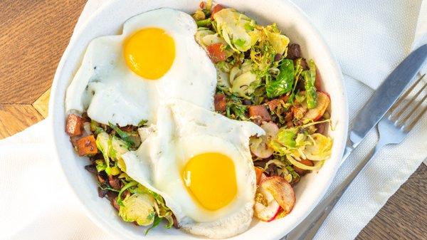 Plant-based hash is a popular pick, includes roasted sweet potatoes, brussel sprouts, asparagus and radish.