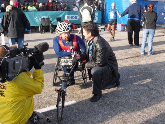 Kevin Saunders' TV interview after winning the Aramco Houston Half-Marathon, Wheelchair Division.