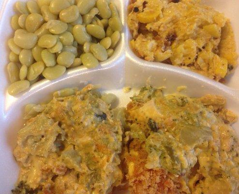 Chicken and broccoli casserole, Lima beans, and squash casserole