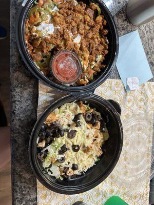 Chicken burrito bowl and a Al Pastor burrito bowl