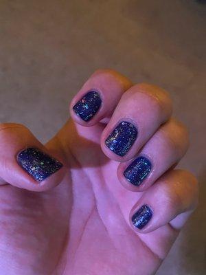 Dark blue with a holo sparkle topper same as my toes