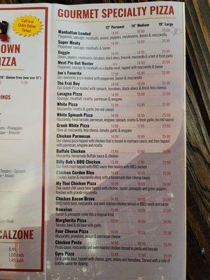 Joe's new York pizza menu