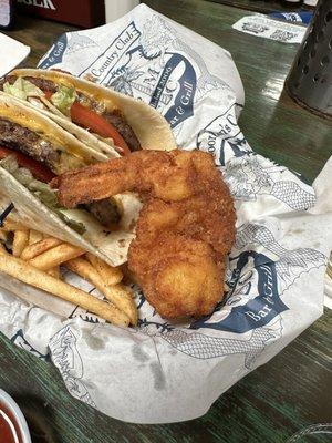 The fried shrimp is almost as big as my hamburger taco!  Both were excellent!