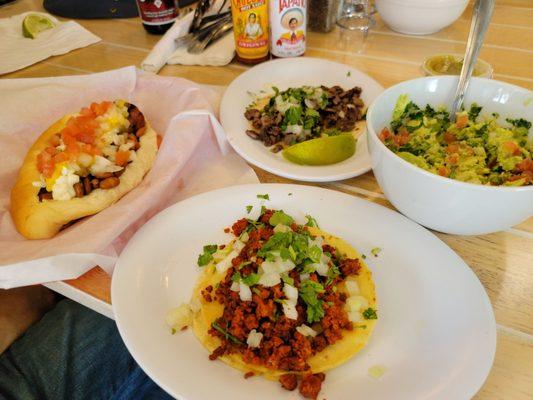 Sonoran hot dog, Chunky guacamole, Carne Asada and Marinated Pork Taco