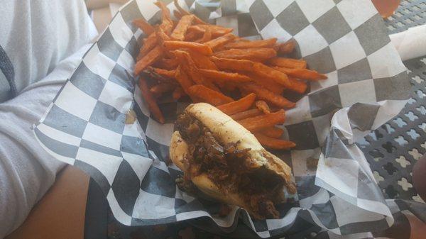 Steak sandwich and sweet potato fries