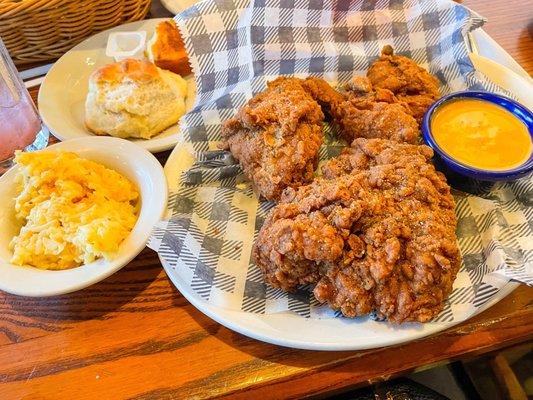 Kick'n Ranch Fried Chicken with Hashbrown Casserole, Biscuits and Corn Muffins