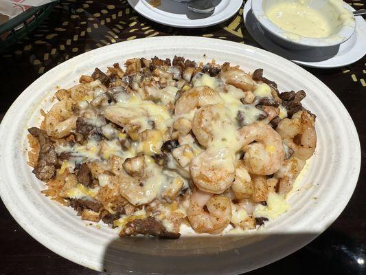 Crazy rice with shrimp steak & chicken.