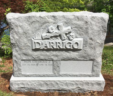 Unique hand carved memorial, with raised family name; installed at Moravian Cemetery, Staten Island,