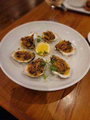 SMOKED SNAPPER BAKED OYSTERS  bacon - fired roasted tomato  spinach - herbed bread crumbs  Pernod - sweet peppers - lemon