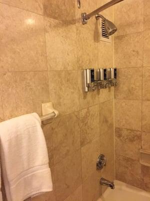 Shower stall with obligatory Four Points shampoo dispenser.