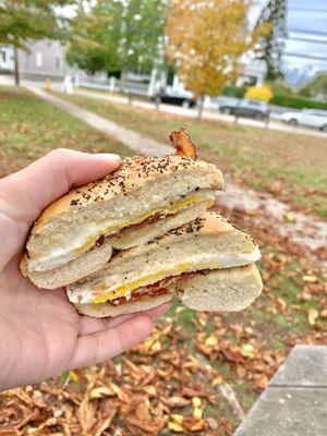 Bacon egg and cheese on an everything bagel