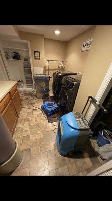 Dehumidifiers and fans setup in the basement laundry room