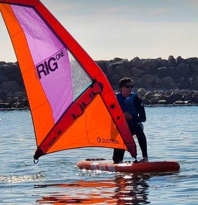 Windsuping with Winged not Wired. Ventura Harbor. standup paddle board and wind sails, great for couples, ages 4+