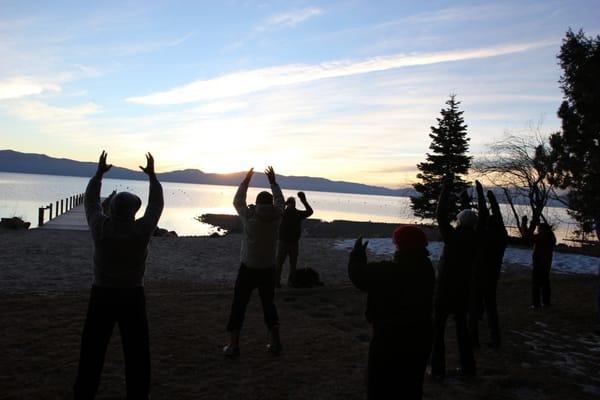 Qigong and meditation practice at sunrise