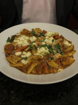 Liz's Favorite. Sautéed shrimp in fresh tomato and basil sauce with fresh mozzarella!  Homemade pasta. Amazing taste.