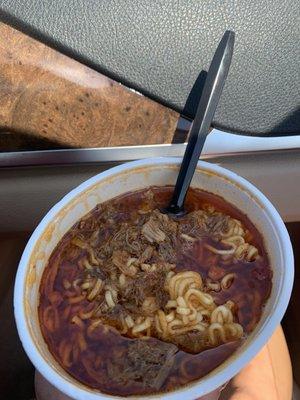 THEEEEEEEEEE ramen (dry!) topped with scalding hot beef consommé and alas you have Birria ramen!