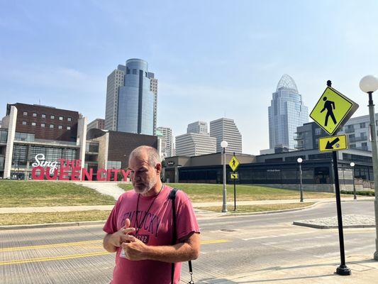 David in front of the Queen City