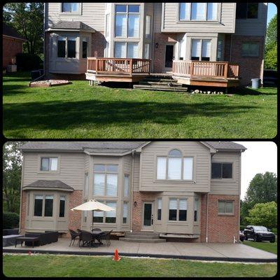 Large exposed aggregate patio befor and after