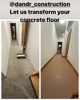 Transforming ugly concrete floor with epoxy paint and baseboard molding