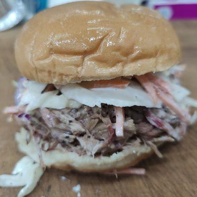 Pulled pork topped with creamy coleslaw.