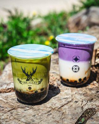 Matcha Brown Sugar Deerioca Milk and Ube Brown Sugar Deerioca Creme Brulee Milk