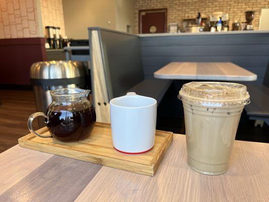 Pourover and iced blueberry basil oatmilk latte