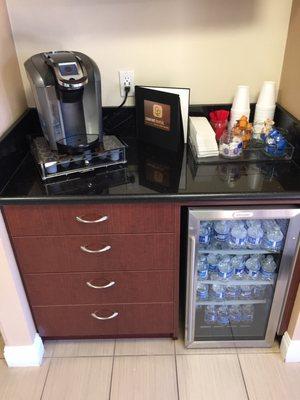 Complimentary Keurig coffee and bottled water